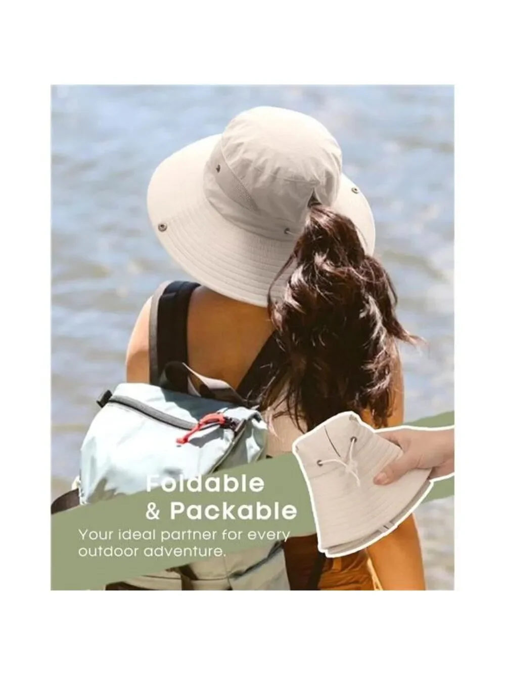 Womens Sun Hat UPF 80 Wide Brim Beach Hiking Outdoor Foldable Ponytail Hole Hat